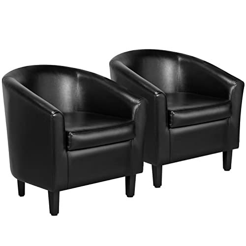 Yaheetech Accent Chairs Set of 2, Faux Leather Barrel Armchairs Black