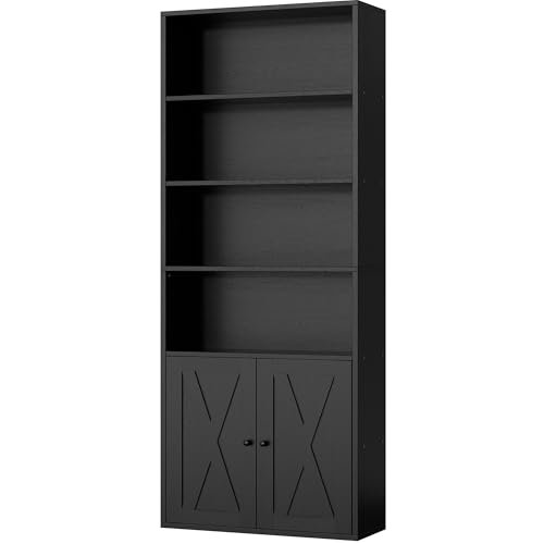Shintenchi 6 Tier Bookshelf with Doors, Tall Standing Bookcase