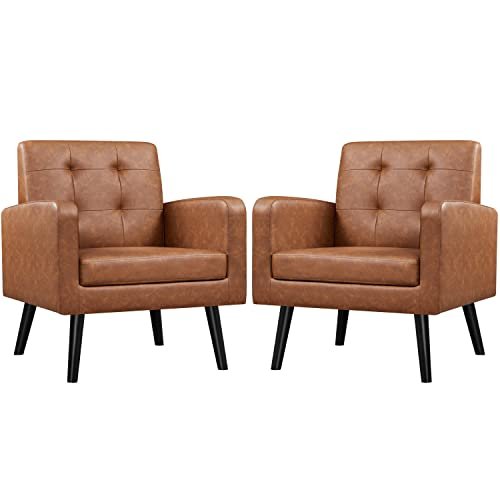 Yaheetech Mid Century Accent Chairs Set of 2 Living Room Chairs Retro Brown