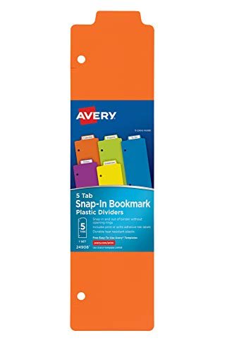 Avery Snap-in Bookmark Plastic Dividers for 3 Ring Binders, 5-Tab Set, Multicolor with White Labels, 1 Set (24908)
