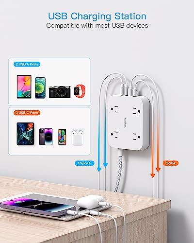 Flat Plug Extension Cord, 4 Widely Power Strip with 4 USB Ports(2 USB C) - Image 3