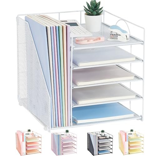 LEKETREE Desk Organizers and Accessories, 5-Tier Paper Letter Tray Organizer with File Holder, Desktop Organizer for Office Supplies (White)