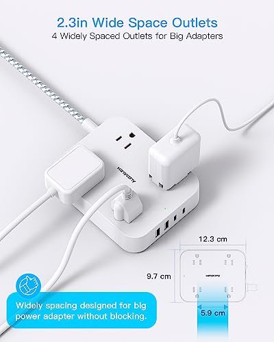 Flat Plug Extension Cord, 4 Widely Power Strip with 4 USB Ports(2 USB C) - Image 2