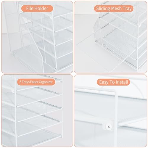 LEKETREE Desk Organizers and Accessories, 5-Tier Paper Letter Tray Organizer with File Holder, Desktop Organizer for Office Supplies (White) - Image 5