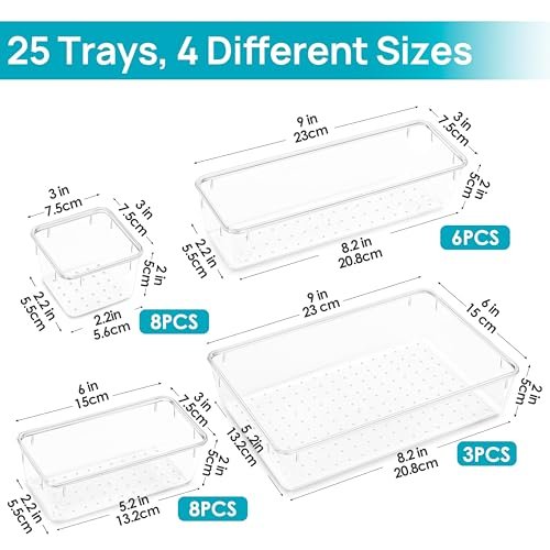 Vtopmart 25 PCS Clear Plastic Drawer Organizers Set, 4-Size Versatile Bathroom and Vanity Drawer Organizer Trays, Storage Bins for Makeup, Bedroom, Kitchen Gadgets Utensils and Office - Image 3