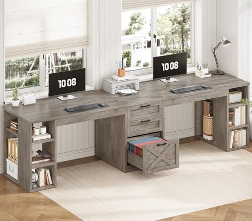 SEDETA Farmhouse 96.5" 2 Person Computer Desk with Drawers, Grey