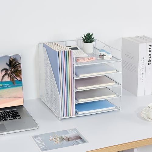 LEKETREE Desk Organizers and Accessories, 5-Tier Paper Letter Tray Organizer with File Holder, Desktop Organizer for Office Supplies (White) - Image 4