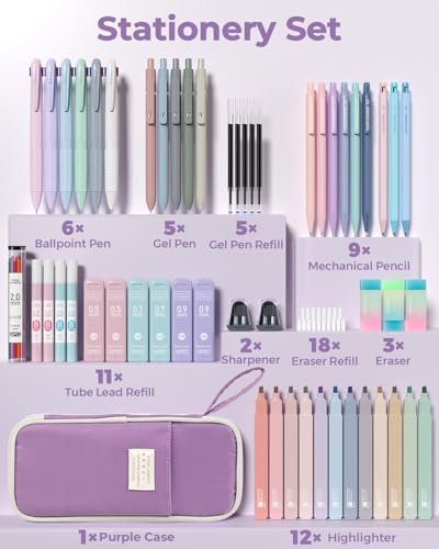 Four Candies 56PCS School Supplies with Pencil Case, Stationery Set, Purple - Image 2