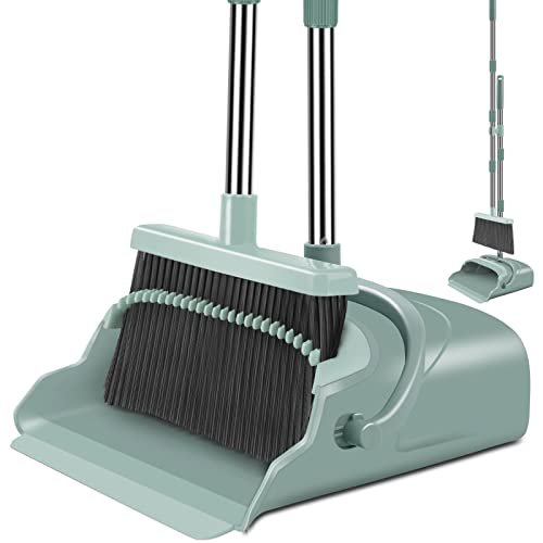 Upgrade Broom and Dustpan Set, Large Size and with Long Handle, Upright,Ideal for Indoor Outdoor Garage Kitchen Room Office Lobby Use (Green)