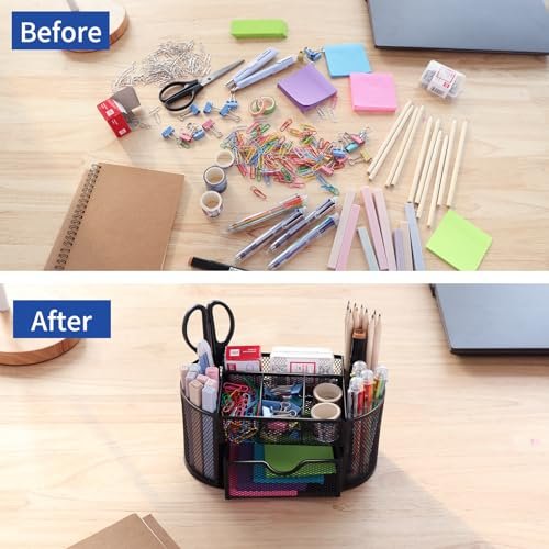 EOOUT Desk Organizer, Pencil Holder for Desk, Mesh Office Desk Accessories with 8 Compartments and 1 Drawer Stationery Holder School Supplies - Image 5