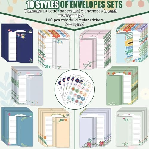 250Pcs Cute Stationery Paper and Envelope Set with 100 Letterhead Papers and 50 Envelopes,10 Design for Letter Writing Invitations Computer Holidays Party Notes, 8.5x11 Inch- Lined Flower - Image 5