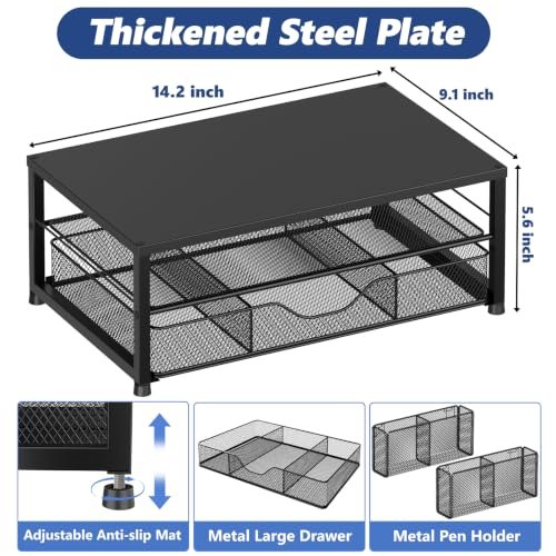 OPNICE Desk Organizer and Accessories, 2-Tier Computer Monitor Stand Riser with Drawer and 2 Pen Holders, Laptop Stand, Office Desk Accessories for Office Supplies, Black - Image 3