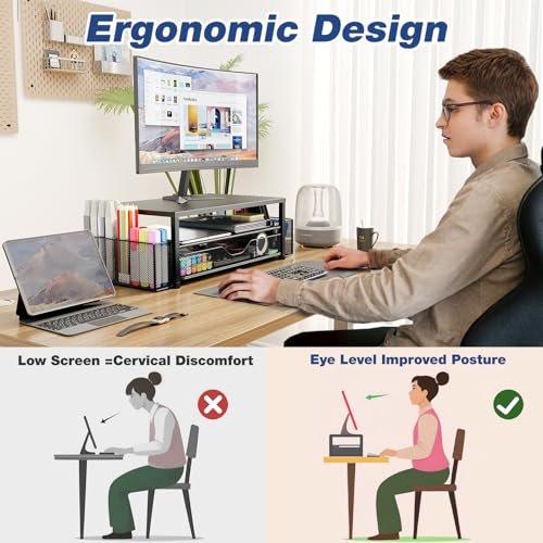 OPNICE Desk Organizer and Accessories, 2-Tier Computer Monitor Stand Riser with Drawer and 2 Pen Holders, Laptop Stand, Office Desk Accessories for Office Supplies, Black - Image 2