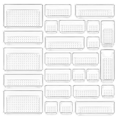 Vtopmart 25 PCS Clear Plastic Drawer Organizers Set, 4-Size Versatile Bathroom and Vanity Drawer Organizer Trays, Storage Bins for Makeup, Bedroom, Kitchen Gadgets Utensils and Office