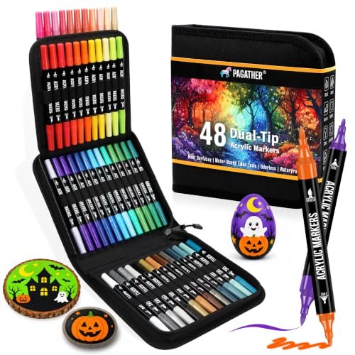 Pagather Acrylic Paint Markers, 48 Colors Dual Tip Fine & Brush Pens Set