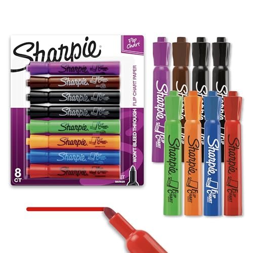 Sharpie Flip Chart Markers, Bullet Tip, Assorted Colors, Low-Odor, Squeak-Free, 8 Count - Office Presentation, Back to School, Teacher Supplies