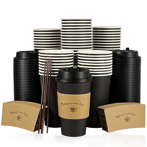 LITOPAK 100 Pack 16 oz Coffee Cups with Lids, Disposable Coffee Cups