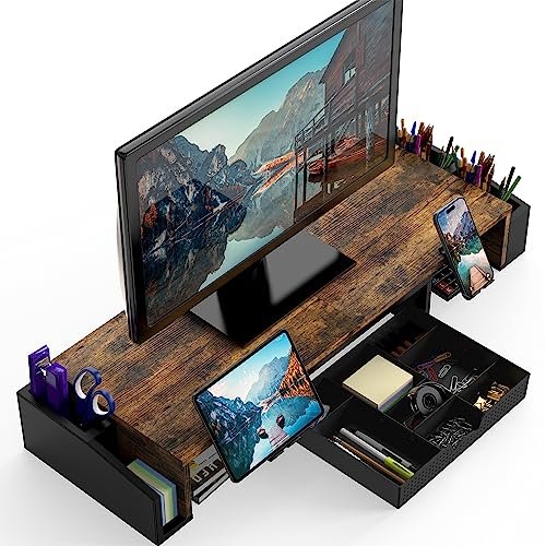 Simple Houseware Desk Dual Monitor Stand Riser with Drawer, Rustic Brown - Image 2