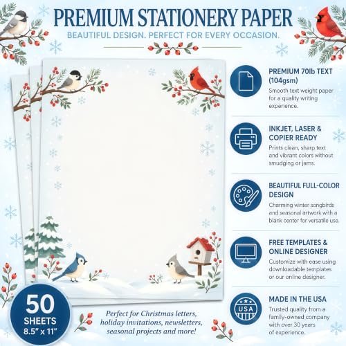 Winter Songbirds Christmas Stationery Paper 8.5" x 11" - 50 Sheets - Image 3