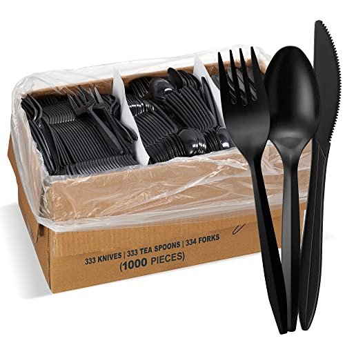 1,000 Plastic Disposable Cutlery Bulk Variety Pack Black Medium Weight