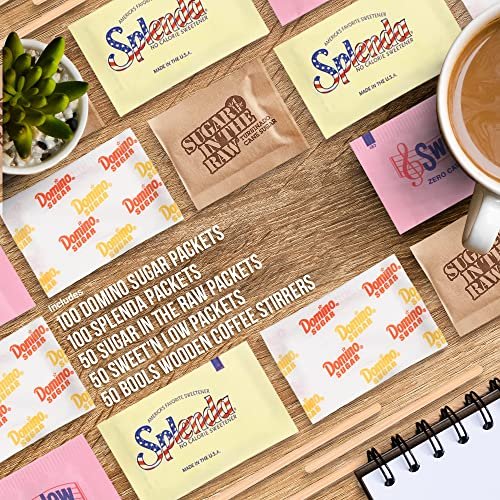Sugar & Sweetener Assortment Packets Packaged by Bools, Sugar Packets, Splenda, Sweet'N Low, Brown Sugar, Plus Bools Wooden Coffee Stirrers (400 Pack)Sugar Packets for Home, Office, Coffee, Bar, Gift - Image 4